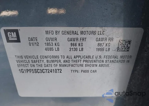 2012 Chevrolet Cruze 1Lt z USA, uszkodzony, nr VIN 1G1PF5SC3C7241072